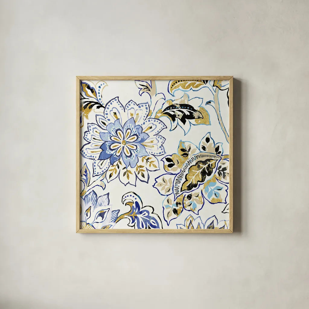 Ceylon Gardens VI Black and Gold by Wild Apple Portfolio. Shown in a natural wood glass frame for a timeless modern aesthetic. Available as an archival giclee rolled canvas, fine art paper, or poster print. SKU 28731a.