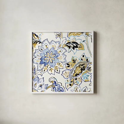 Ceylon Gardens VI Black and Gold by Wild Apple Portfolio. Shown in a crisp white glass frame for a clean and minimalist style. Available as an archival giclee rolled canvas, fine art paper, or poster print. SKU 28731a.