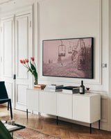 Chairlifts At Aspen by Wild Apple Portfolio. shown as a framed stretched canvas in a living room above a console. Available as a archival giclee rolled canvas, fine art paper, or poster print. SKU 104288i.