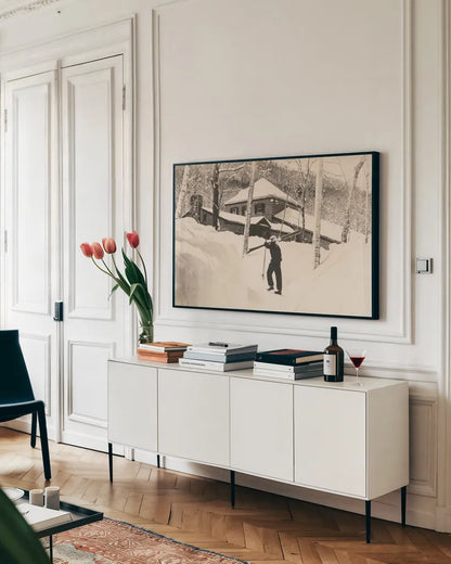 Chalet Day by Wild Apple Portfolio. shown as a framed stretched canvas in a living room above a console. Available as a archival giclee rolled canvas, fine art paper, or poster print. SKU 89984i.