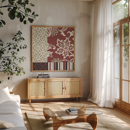 Chatsworth Marsala I by Wild Apple Portfolio. Shown in a natural wood frame in a cozy modern living room. Available as an archival giclee rolled canvas, fine art paper, or poster print. SKU 41702a.