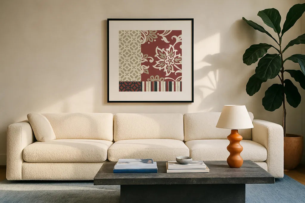 Chatsworth Marsala I by Wild Apple Portfolio. Displayed in a glass frame with matte in a clean modern living room. Available as an archival giclee rolled canvas, fine art paper, or poster print. SKU 41702a.