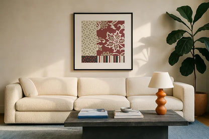Chatsworth Marsala I by Wild Apple Portfolio. Displayed in a glass frame with matte in a clean modern living room. Available as an archival giclee rolled canvas, fine art paper, or poster print. SKU 41702a.