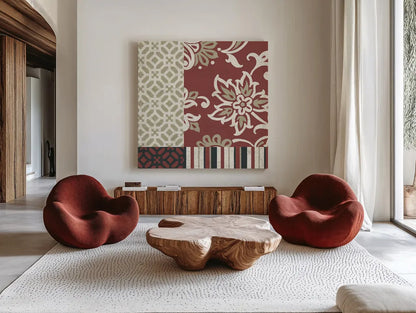 Chatsworth Marsala I by Wild Apple Portfolio. Shown as extra-large giant wall art in a modern living room. Available as an archival giclee rolled canvas, fine art paper, or poster print. SKU 41702a.
