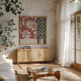 Chatsworth Marsala II by Wild Apple Portfolio. Shown in a natural wood frame in a cozy modern living room. Available as an archival giclee rolled canvas, fine art paper, or poster print. SKU 41703a.