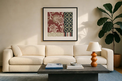 Chatsworth Marsala II by Wild Apple Portfolio. Displayed in a glass frame with matte in a clean modern living room. Available as an archival giclee rolled canvas, fine art paper, or poster print. SKU 41703a.