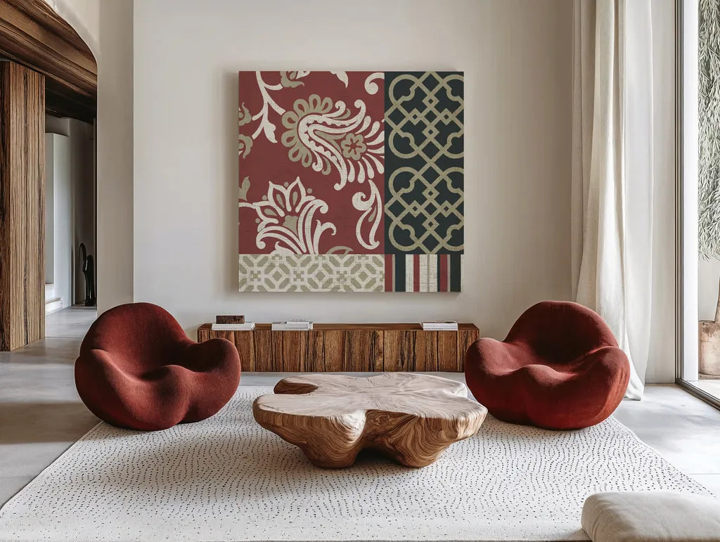 Chatsworth Marsala II by Wild Apple Portfolio. Shown as extra-large giant wall art in a modern living room. Available as an archival giclee rolled canvas, fine art paper, or poster print. SKU 41703a.