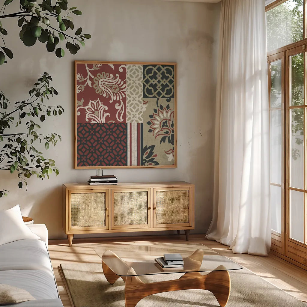 Chatsworth Marsala III by Wild Apple Portfolio. Shown in a natural wood frame in a cozy modern living room. Available as an archival giclee rolled canvas, fine art paper, or poster print. SKU 41704a.