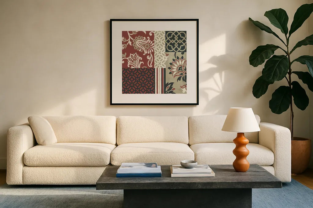 Chatsworth Marsala III by Wild Apple Portfolio. Displayed in a glass frame with matte in a clean modern living room. Available as an archival giclee rolled canvas, fine art paper, or poster print. SKU 41704a.