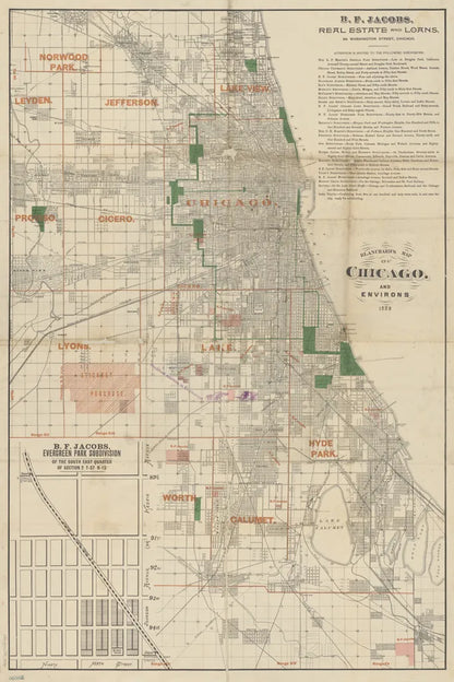 Chicago 1889 Map by Wild Apple Portfolio. SKU 81968h. Archival Giclee Fine art print for wall decor.