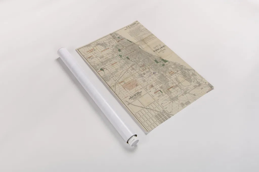 Chicago 1889 Map by Wild Apple Portfolio. shown as a rolled paper print. Available as archival giclee rolled canvas, fine art paper, or poster print. SKU 81968h.