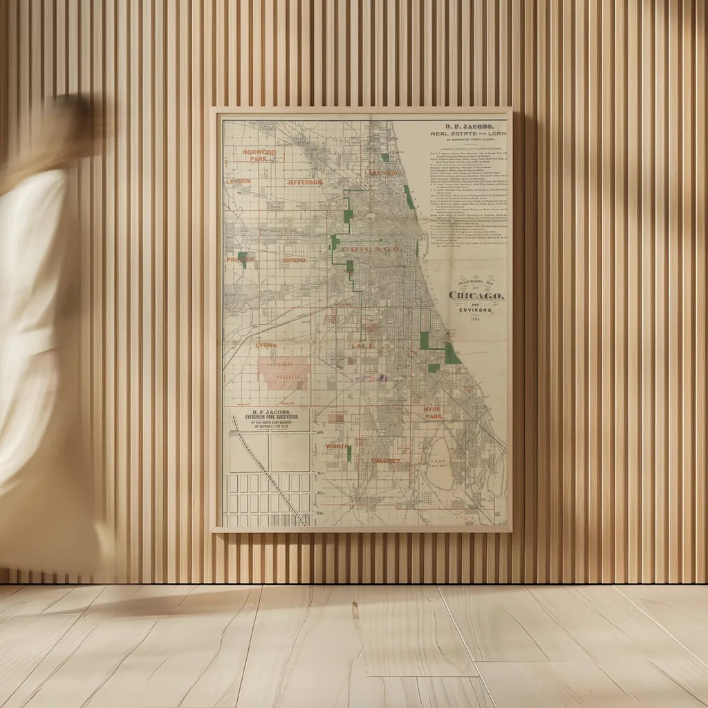 Chicago 1889 Map by Wild Apple Portfolio. shown as over sized large wall art. Available as an archival giclee rolled canvas, fine art paper, or poster print. SKU 81968h.
