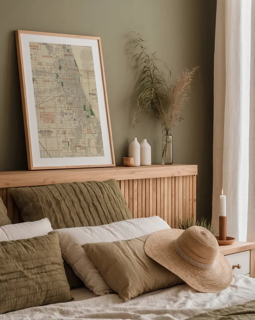 Chicago 1889 Map by Wild Apple Portfolio. shown as a paper print in a natural frame. Available as a archival giclee rolled canvas, fine art paper, or poster print. SKU 81968h.