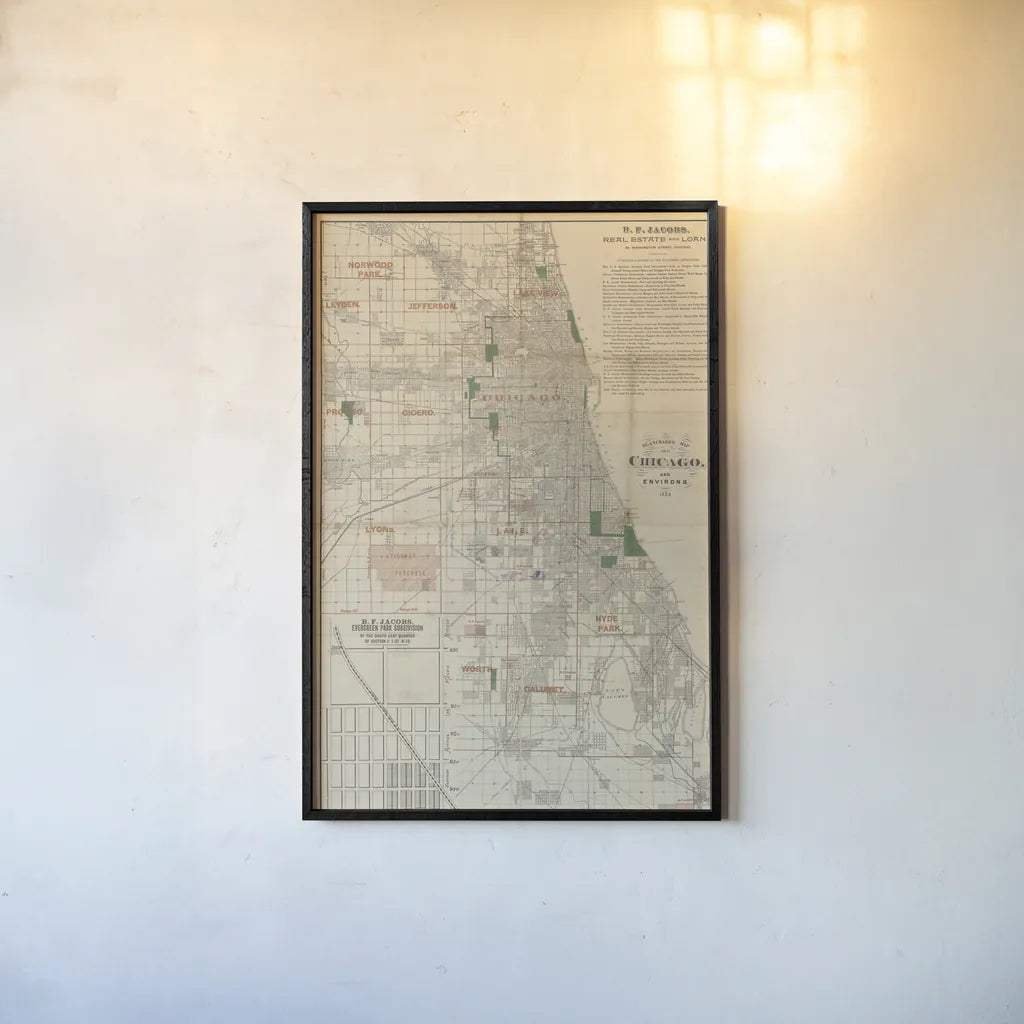 Chicago 1889 Map by Wild Apple Portfolio. shown as a paper print in a black flame. Available as a archival giclee rolled canvas, fine art paper, or poster print. SKU 81968h.