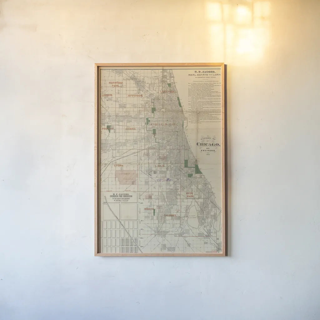 Chicago 1889 Map by Wild Apple Portfolio. shown as a paper print in a natural frame. Available as a archival giclee rolled canvas, fine art paper, or poster print. SKU 81968h.