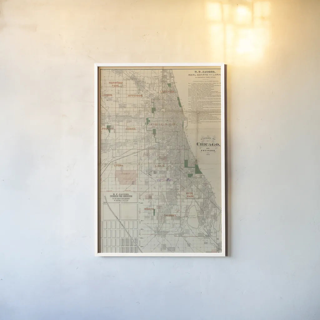 Chicago 1889 Map by Wild Apple Portfolio. shown as a paper print in a white frame. Available as a archival giclee rolled canvas, fine art paper, or poster print. SKU 81968h.