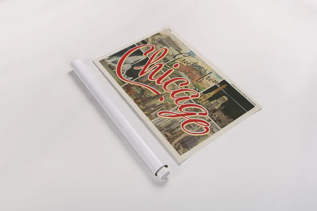 Chicago Postcard I v2 by Wild Apple Portfolio. shown as a rolled paper print. Available as archival giclee rolled canvas, fine art paper, or poster print. SKU 83557i.