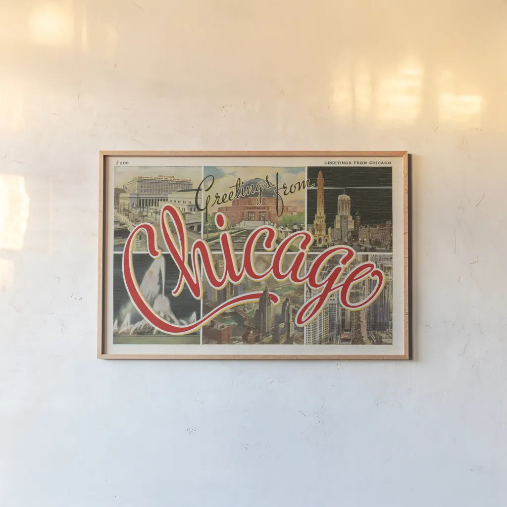 Chicago Postcard I v2 by Wild Apple Portfolio. shown as a paper print in a natural frame. Available as a archival giclee rolled canvas, fine art paper, or poster print. SKU 83557i.