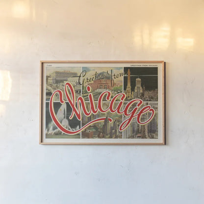 Chicago Postcard I v2 by Wild Apple Portfolio. shown as a paper print in a natural frame. Available as a archival giclee rolled canvas, fine art paper, or poster print. SKU 83557i.
