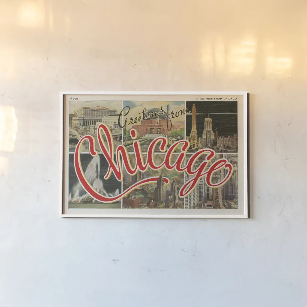 Chicago Postcard I v2 by Wild Apple Portfolio. shown as a paper print in a white frame. Available as a archival giclee rolled canvas, fine art paper, or poster print. SKU 83557i.