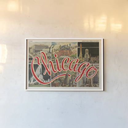 Chicago Postcard I v2 by Wild Apple Portfolio. shown as a paper print in a white frame. Available as a archival giclee rolled canvas, fine art paper, or poster print. SKU 83557i.