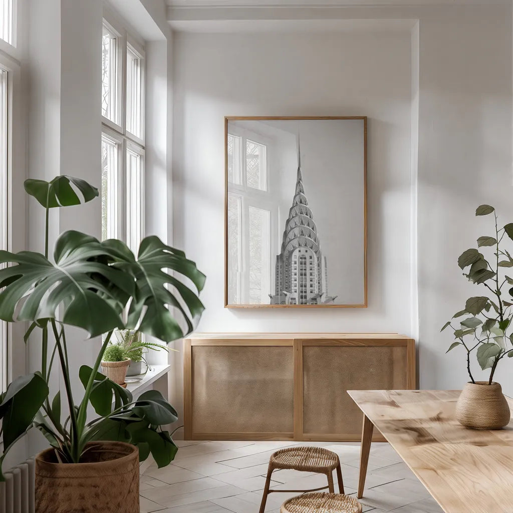 Chrysler Building NYC by Wild Apple Portfolio. shown as a print in a natural wood frame in a dining room. Available as a archival giclee rolled canvas, fine art paper, or poster print. SKU 67631h.