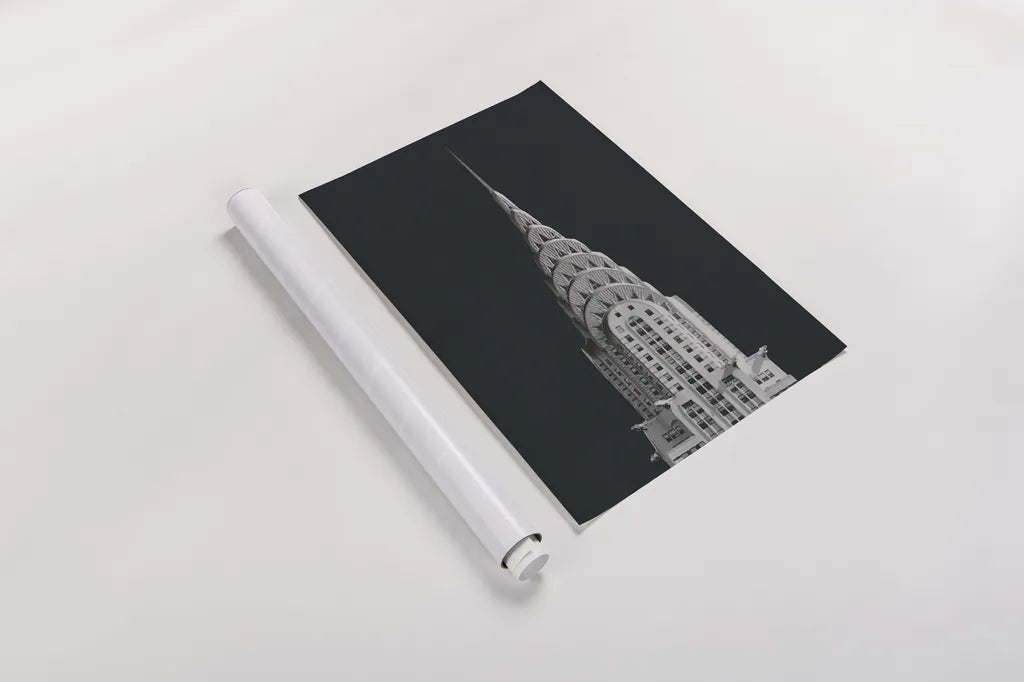 Chrysler Building on Black by Wild Apple Portfolio. shown as a rolled paper print. Available as archival giclee rolled canvas, fine art paper, or poster print. SKU 68472h.