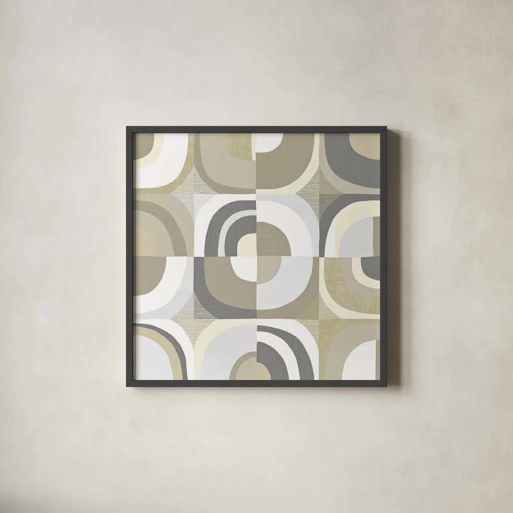 Circle Quartet Achroma by Wild Apple Portfolio. Shown in a sleek black glass frame for a contemporary gallery look. Available as an archival giclee rolled canvas, fine art paper, or poster print. SKU 30006a.