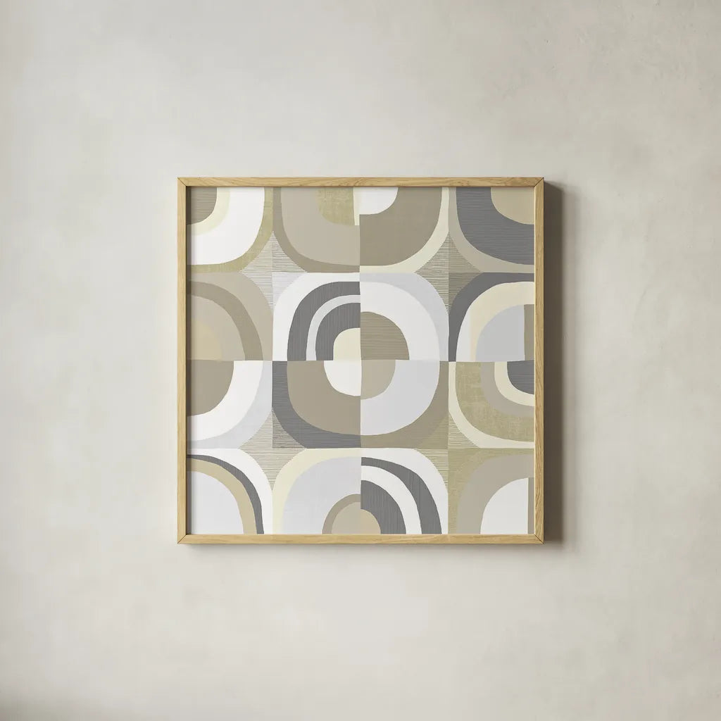 Circle Quartet Achroma by Wild Apple Portfolio. Shown in a natural wood glass frame for a timeless modern aesthetic. Available as an archival giclee rolled canvas, fine art paper, or poster print. SKU 30006a.