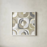 Circle Quartet Achroma by Wild Apple Portfolio. Shown in a crisp white glass frame for a clean and minimalist style. Available as an archival giclee rolled canvas, fine art paper, or poster print. SKU 30006a.