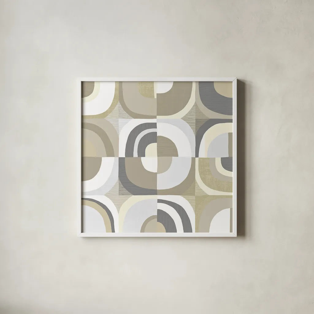 Circle Quartet Achroma by Wild Apple Portfolio. Shown in a crisp white glass frame for a clean and minimalist style. Available as an archival giclee rolled canvas, fine art paper, or poster print. SKU 30006a.