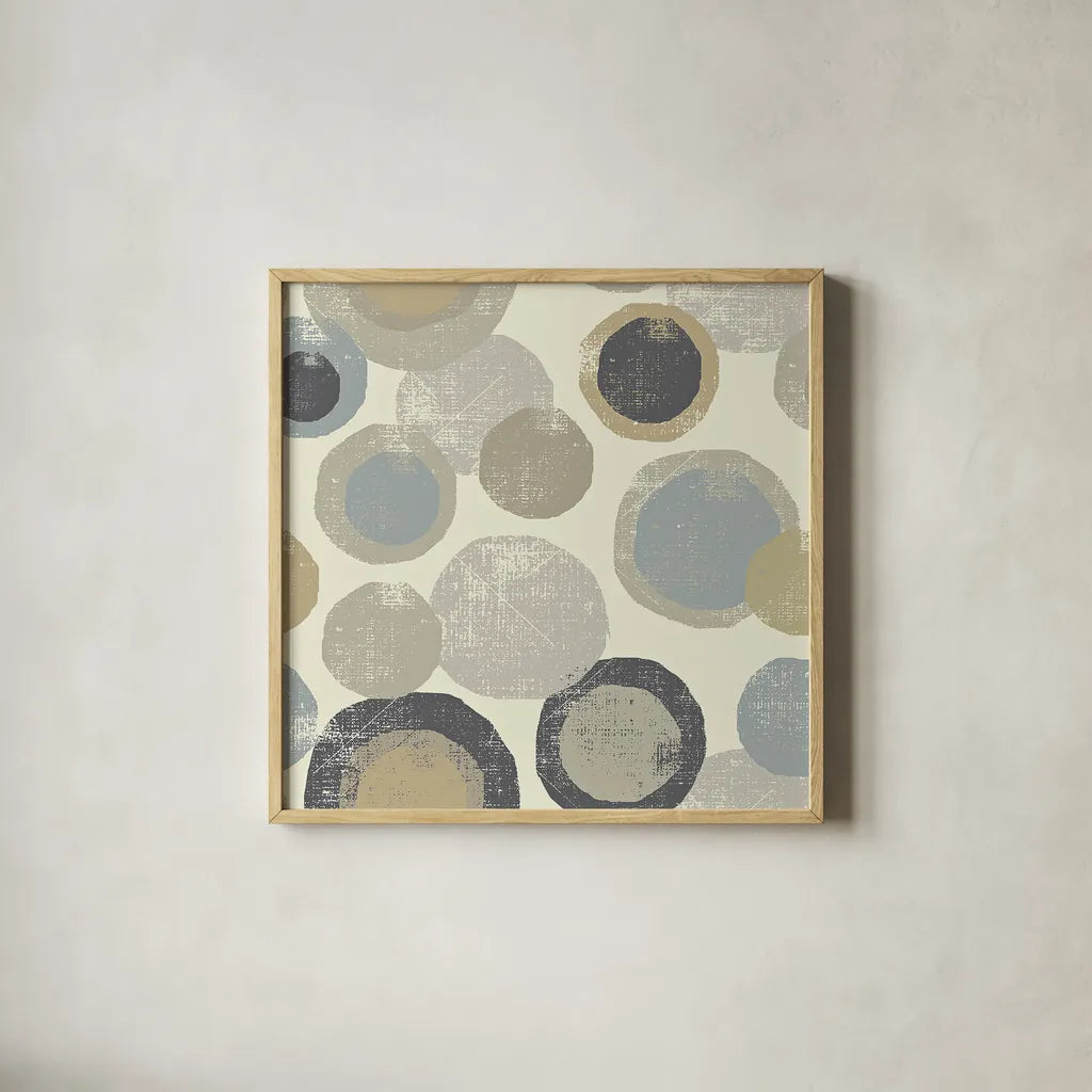 Circles Archroma by Wild Apple Portfolio. Shown in a natural wood glass frame for a timeless modern aesthetic. Available as an archival giclee rolled canvas, fine art paper, or poster print. SKU 30068a.