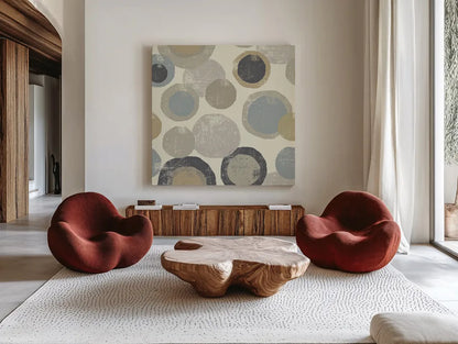 Circles Archroma by Wild Apple Portfolio. Shown as extra-large giant wall art in a modern living room. Available as an archival giclee rolled canvas, fine art paper, or poster print. SKU 30068a.