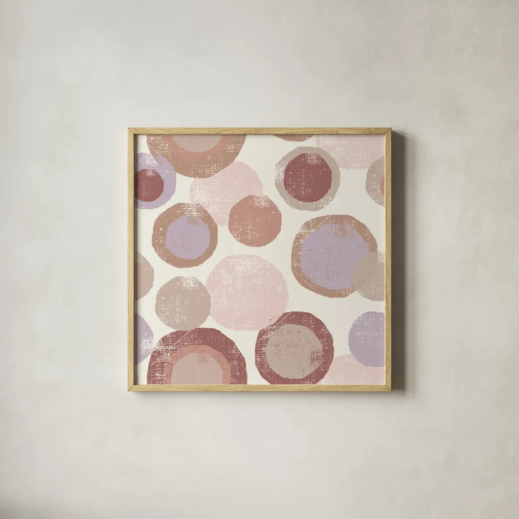 Circles Blush by Wild Apple Portfolio. Shown in a natural wood glass frame for a timeless modern aesthetic. Available as an archival giclee rolled canvas, fine art paper, or poster print. SKU 42735a.