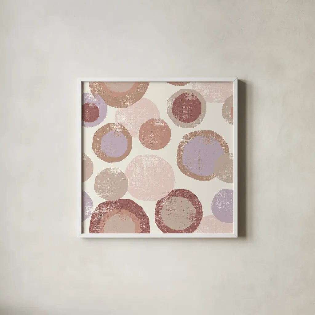 Circles Blush by Wild Apple Portfolio. Shown in a crisp white glass frame for a clean and minimalist style. Available as an archival giclee rolled canvas, fine art paper, or poster print. SKU 42735a.