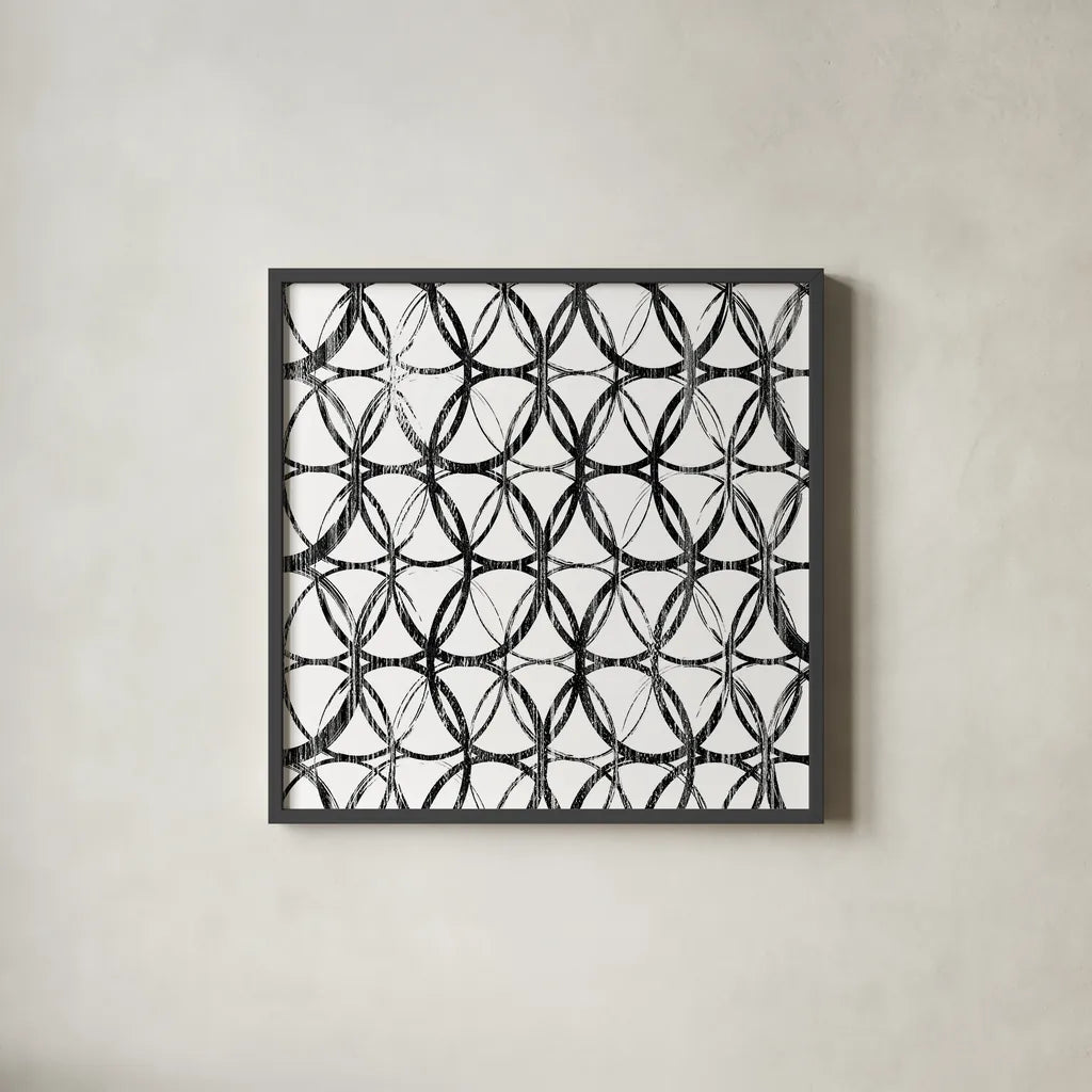 Circles White Square II by Wild Apple Portfolio. Shown in a sleek black glass frame for a contemporary gallery look. Available as an archival giclee rolled canvas, fine art paper, or poster print. SKU 21182a.