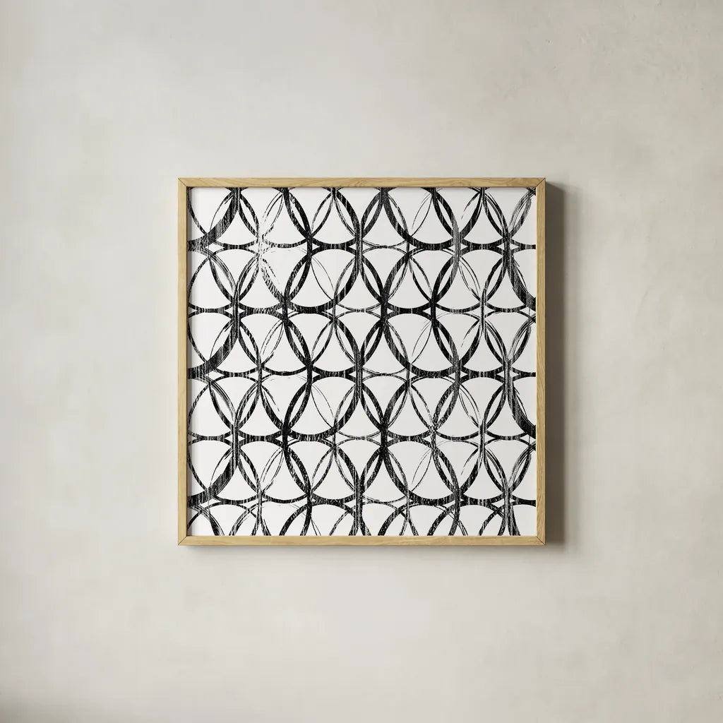 Circles White Square II by Wild Apple Portfolio. Shown in a natural wood glass frame for a timeless modern aesthetic. Available as an archival giclee rolled canvas, fine art paper, or poster print. SKU 21182a.