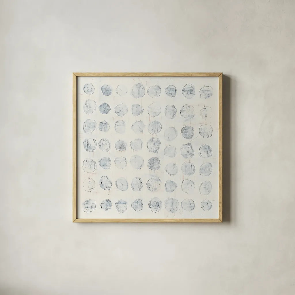 Circles on White by Wild Apple Portfolio. Shown in a natural wood glass frame for a timeless modern aesthetic. Available as an archival giclee rolled canvas, fine art paper, or poster print. SKU 71757a.