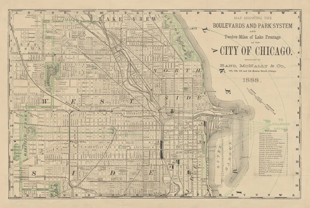 City of Chicago Map 1888 v2 by Wild Apple Portfolio. SKU 95495i. Archival Giclee Fine art print for wall decor.