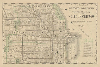 City of Chicago Map 1888 v2 by Wild Apple Portfolio. SKU 95495i. Archival Giclee Fine art print for wall decor.