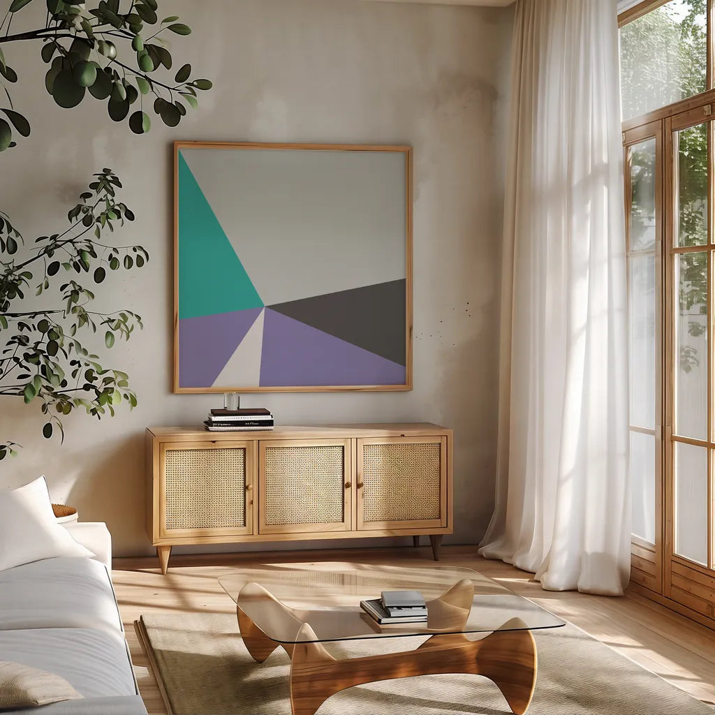 Color Block I Bright by Wild Apple Portfolio. Shown in a natural wood frame in a cozy modern living room. Available as an archival giclee rolled canvas, fine art paper, or poster print. SKU 52643a.