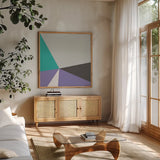 Color Block I Bright by Wild Apple Portfolio. Shown in a natural wood frame in a cozy modern living room. Available as an archival giclee rolled canvas, fine art paper, or poster print. SKU 52643a.