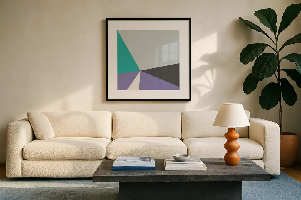 Color Block I Bright by Wild Apple Portfolio. Displayed in a glass frame with matte in a clean modern living room. Available as an archival giclee rolled canvas, fine art paper, or poster print. SKU 52643a.