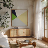 Color Block II Bright by Wild Apple Portfolio. Shown in a natural wood frame in a cozy modern living room. Available as an archival giclee rolled canvas, fine art paper, or poster print. SKU 52644a.