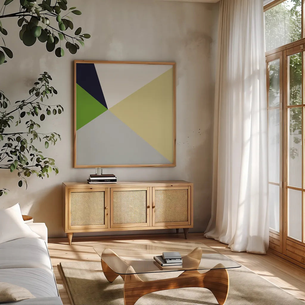 Color Block II Bright by Wild Apple Portfolio. Shown in a natural wood frame in a cozy modern living room. Available as an archival giclee rolled canvas, fine art paper, or poster print. SKU 52644a.