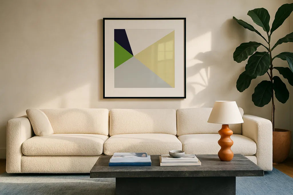 Color Block II Bright by Wild Apple Portfolio. Displayed in a glass frame with matte in a clean modern living room. Available as an archival giclee rolled canvas, fine art paper, or poster print. SKU 52644a.