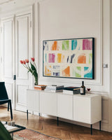 Color Block II Crop by Wild Apple Portfolio. shown as a framed stretched canvas in a living room above a console. Available as a archival giclee rolled canvas, fine art paper, or poster print. SKU 29184i.