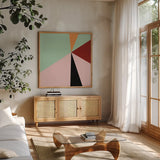 Color Block III Bright by Wild Apple Portfolio. Shown in a natural wood frame in a cozy modern living room. Available as an archival giclee rolled canvas, fine art paper, or poster print. SKU 52645a.