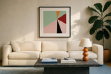 Color Block III Bright by Wild Apple Portfolio. Displayed in a glass frame with matte in a clean modern living room. Available as an archival giclee rolled canvas, fine art paper, or poster print. SKU 52645a.