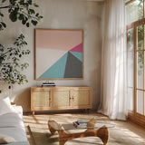 Color Block IV Bright by Wild Apple Portfolio. Shown in a natural wood frame in a cozy modern living room. Available as an archival giclee rolled canvas, fine art paper, or poster print. SKU 52646a.